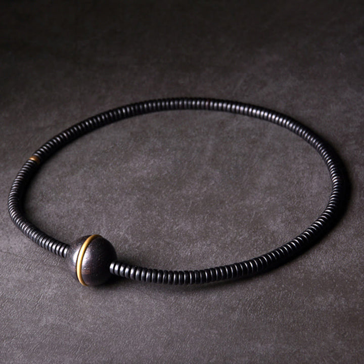 Bracelet et collier à double tour en forme de cuboïde avec boule d'équilibre en bois d'ébène et cuivre et Buddha Stones