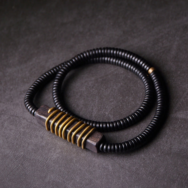 Bracelet et collier à double tour en forme de cuboïde avec boule d'équilibre en bois d'ébène et cuivre et Buddha Stones