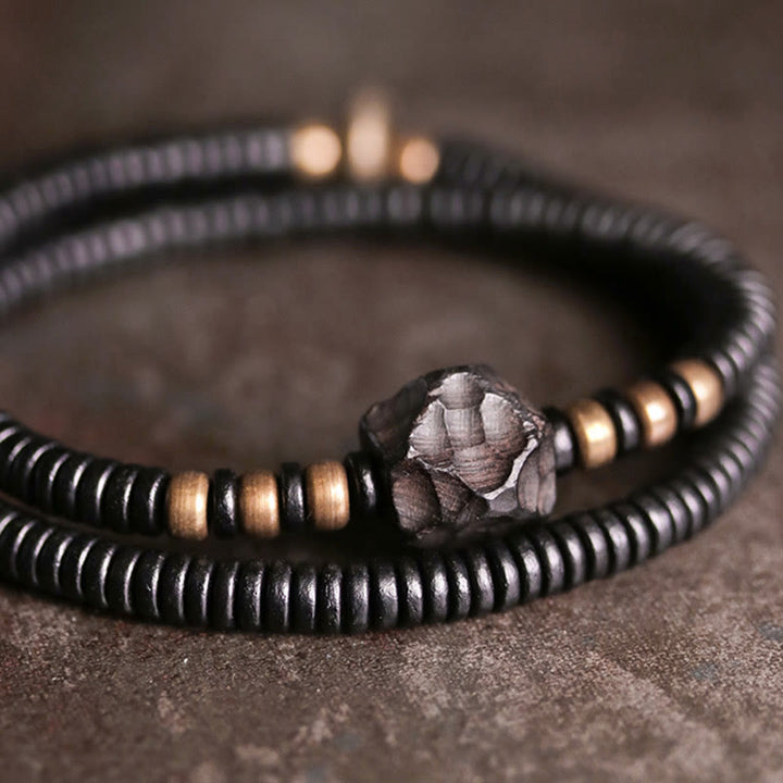 Bracelet double tour en bois d'ébène et cuivre avec Buddha Stones