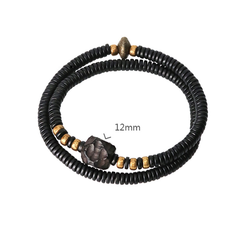 Bracelet double tour en bois d'ébène et cuivre avec Buddha Stones