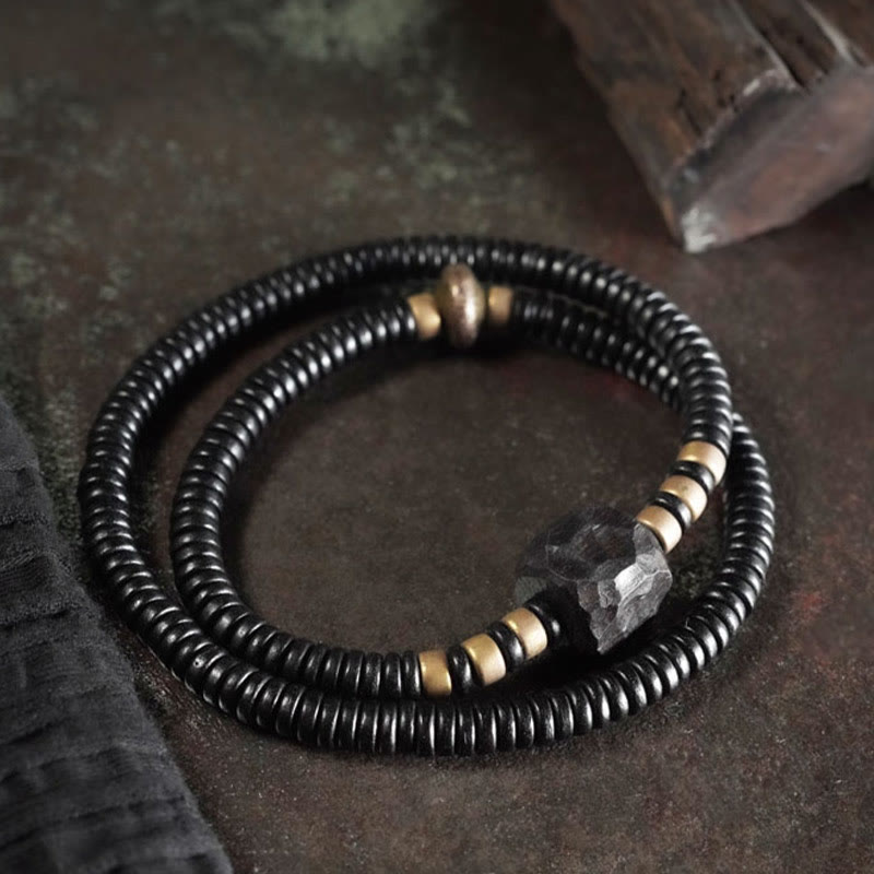 Bracelet double tour en bois d'ébène et cuivre avec Buddha Stones