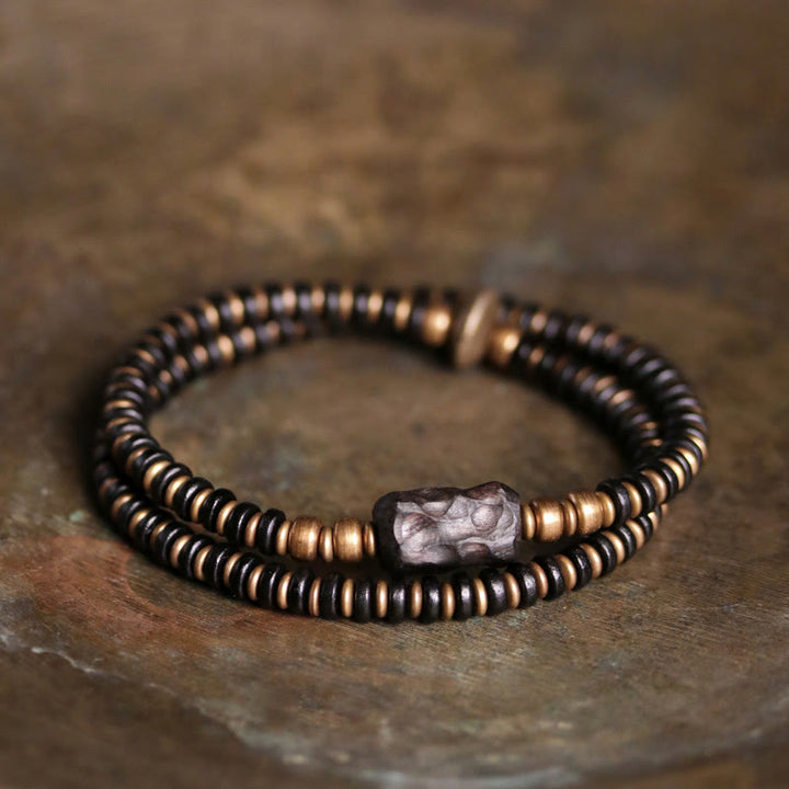 Bracelet double tour calme en cuivre et laiton Buddha Stones en bois d'ébène et bois de santal vert