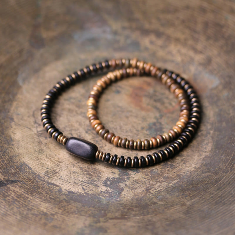 Bracelet double tour calme en cuivre et laiton Buddha Stones en bois d'ébène et bois de santal vert