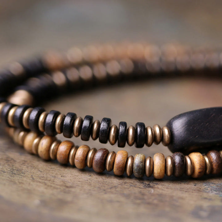 Bracelet double tour calme en cuivre et laiton Buddha Stones en bois d'ébène et bois de santal vert