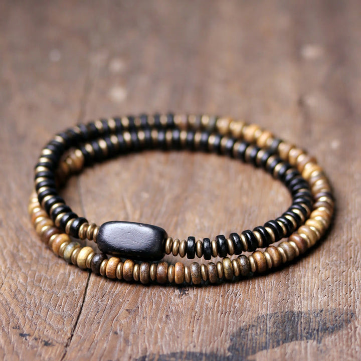 Bracelet double tour calme en cuivre et laiton Buddha Stones en bois d'ébène et bois de santal vert