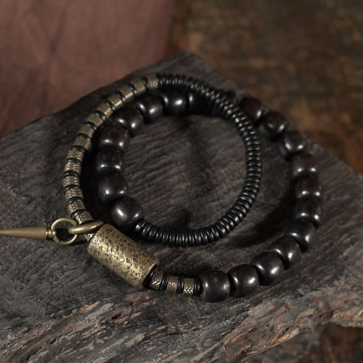 Bracelet d'équilibre à double tour en forme de cône avec perles vintage en bois d'ébène et cuivre et Buddha Stones