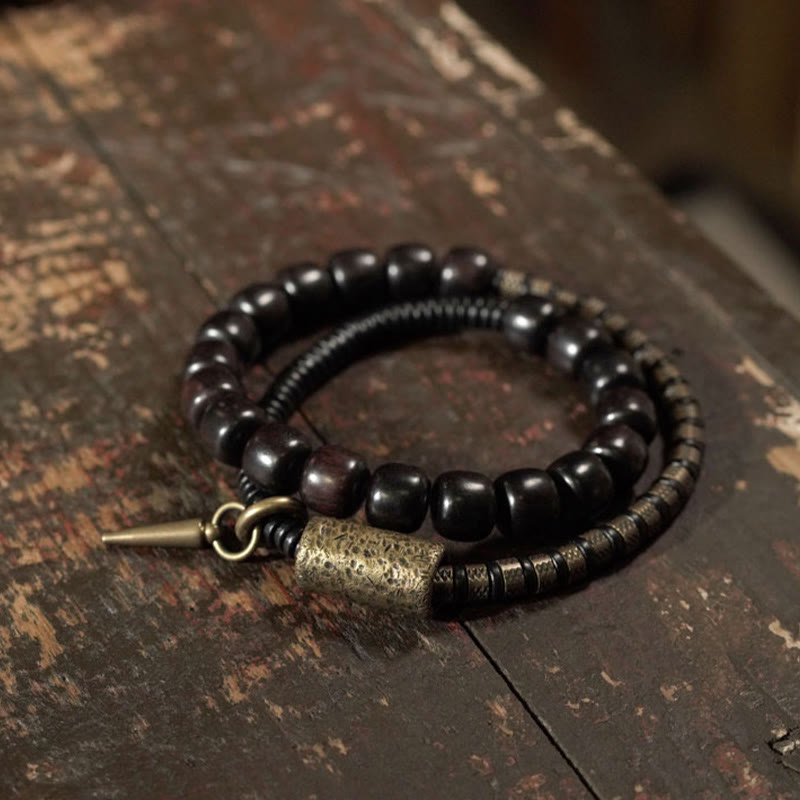 Bracelet d'équilibre à double tour en forme de cône avec perles vintage en bois d'ébène et cuivre et Buddha Stones