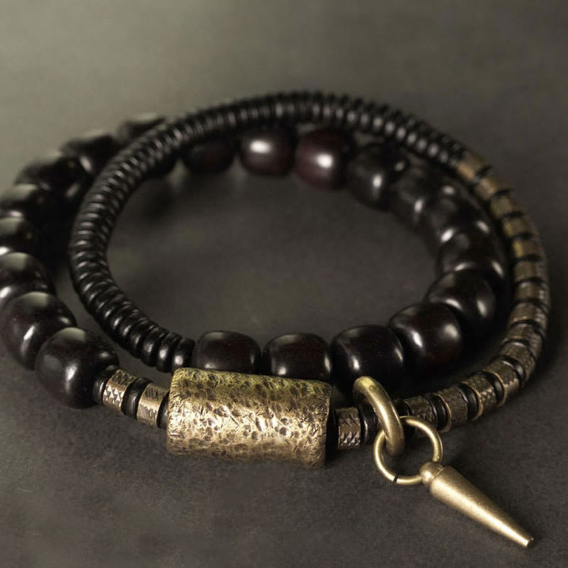 Bracelet d'équilibre à double tour en forme de cône avec perles vintage en bois d'ébène et cuivre et Buddha Stones