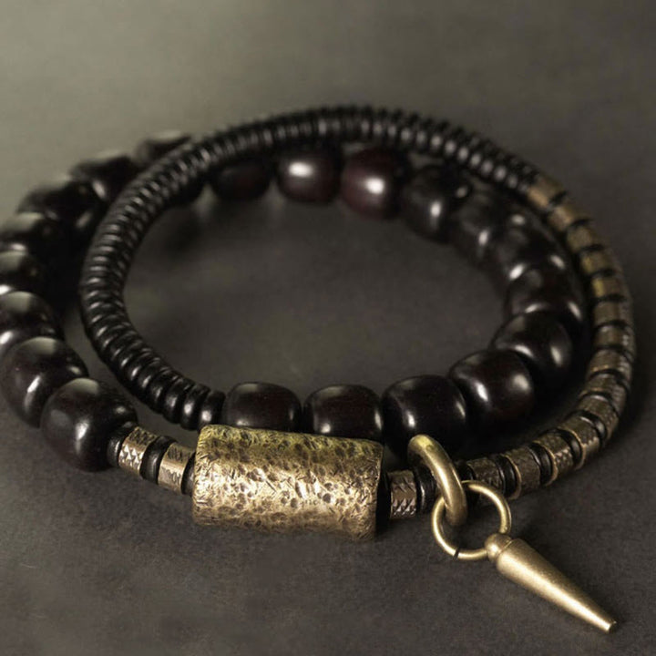 Bracelet d'équilibre à double tour en forme de cône avec perles vintage en bois d'ébène et cuivre et Buddha Stones
