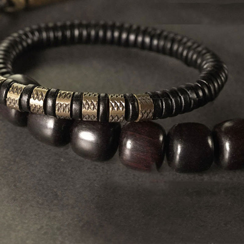 Bracelet d'équilibre à double tour en forme de cône avec perles vintage en bois d'ébène et cuivre et Buddha Stones
