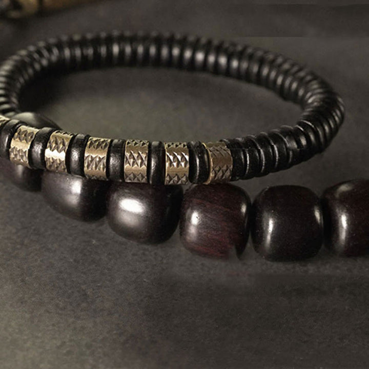 Bracelet d'équilibre à double tour en forme de cône avec perles vintage en bois d'ébène et cuivre et Buddha Stones