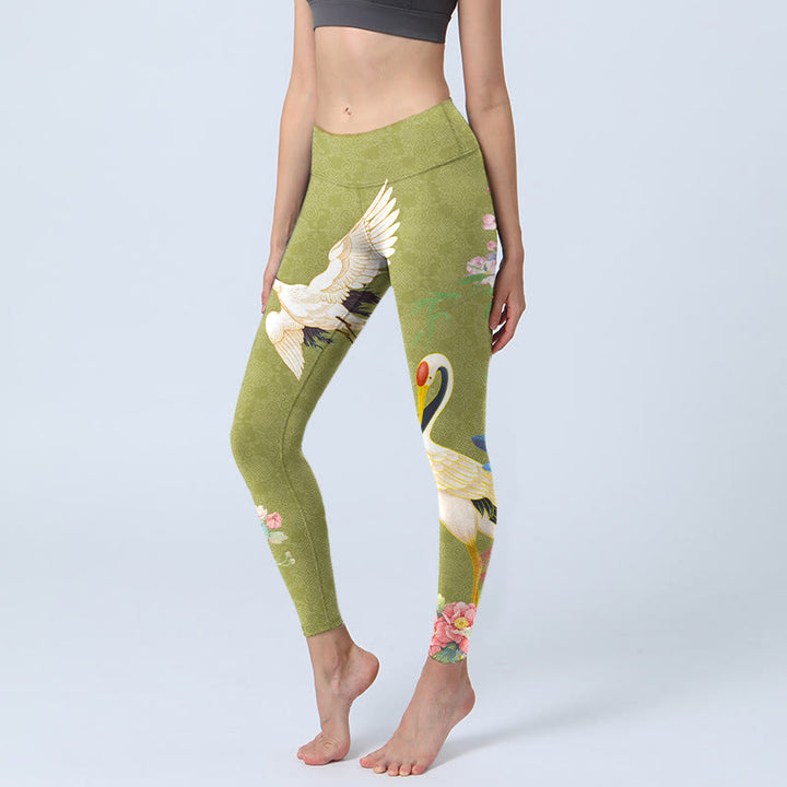 Leggings de sport imprimés en bambou Buddha Stones et oiseaux hibiscus pour femmes - JauneVert - US18，UK/AU22，EU50 (4XL) - image 0