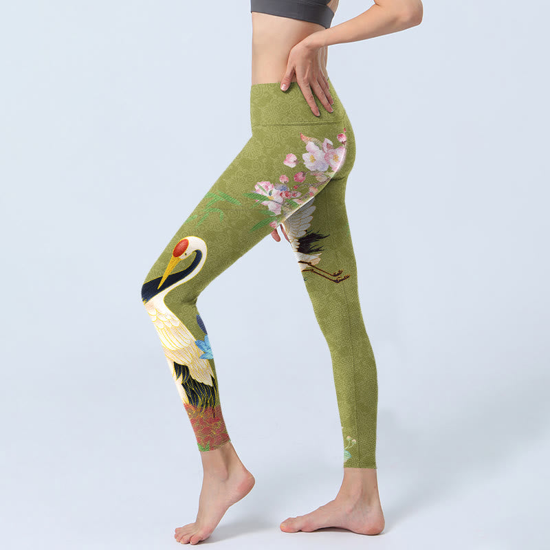 Leggings de sport imprimés en bambou Buddha Stones et oiseaux hibiscus pour femmes - image 3