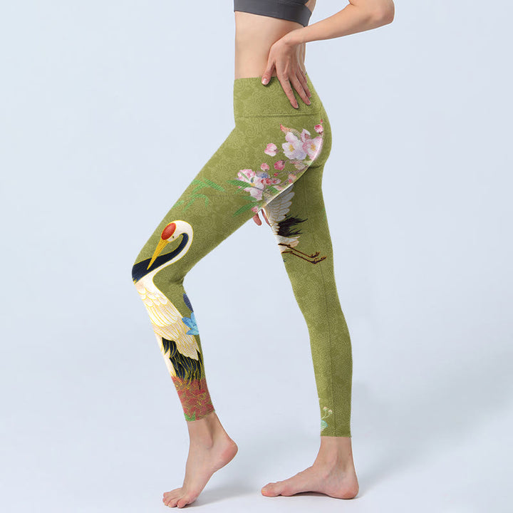Leggings de sport imprimés en bambou Buddha Stones et oiseaux hibiscus pour femmes - image 3