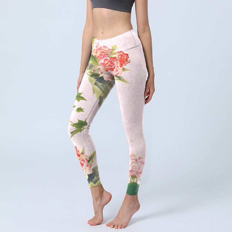 Leggings de sport à imprimé fleurs et feuilles d'hibiscus Buddha Stones Pantalon de yoga pour femme - Rose - US18，UK/AU22，EU50 (4XL) - image 1