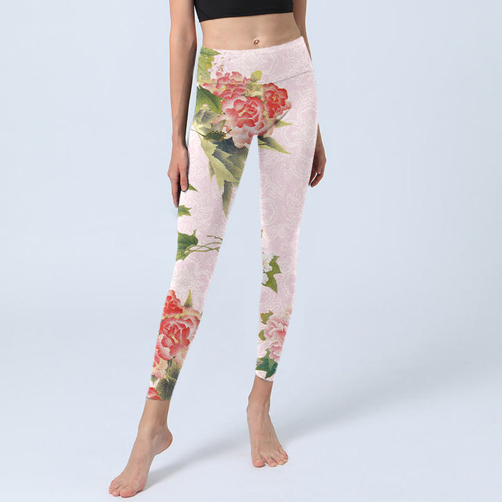 Leggings de sport à imprimé fleurs et feuilles d'hibiscus Buddha Stones Pantalon de yoga pour femme - image 6