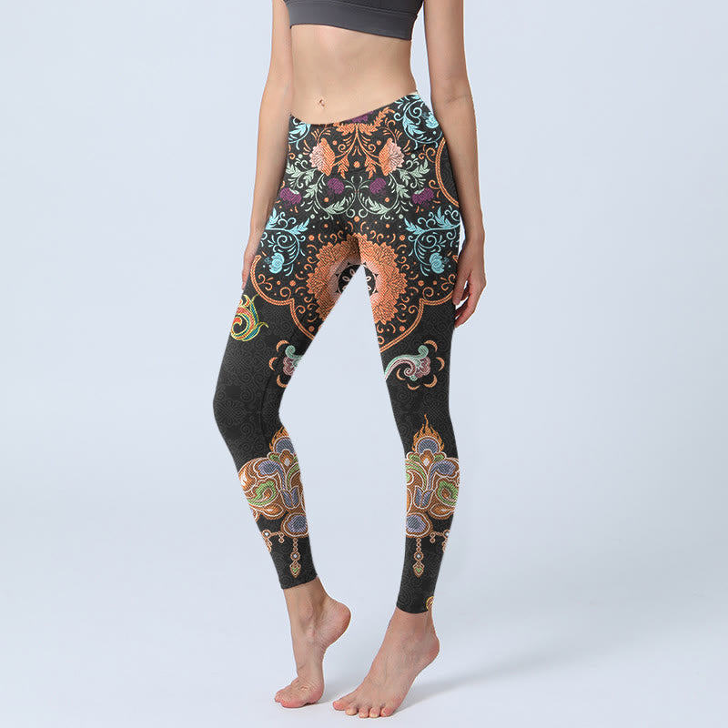 Leggings de sport imprimés Buddha Stones Mandala Nuages ​​de bon augure Pantalons de yoga pour femmes - Noir - US18，UK/AU22，EU50 (4XL) - image 1