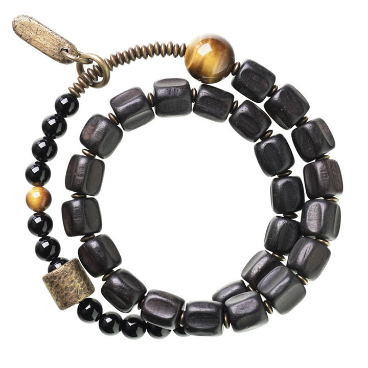 Bracelet double tour en Buddha Stones, bois d'ébène, cuivre, laiton, œil de tigre, paix