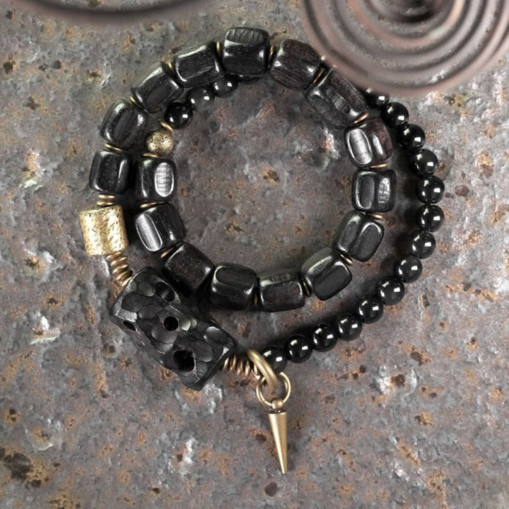 Bracelet double tour en cuivre et laiton avec Buddha Stones en bois d'ébène et obsidienne noire