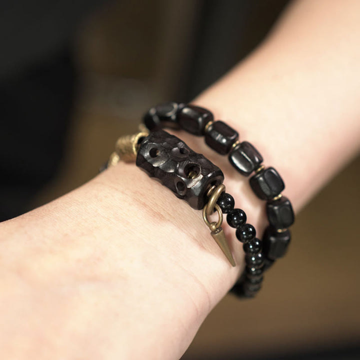Bracelet double tour en cuivre et laiton avec Buddha Stones en bois d'ébène et obsidienne noire