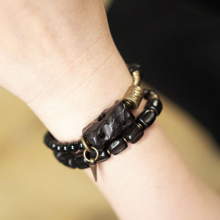 Bracelet double tour en cuivre et laiton avec Buddha Stones en bois d'ébène et obsidienne noire
