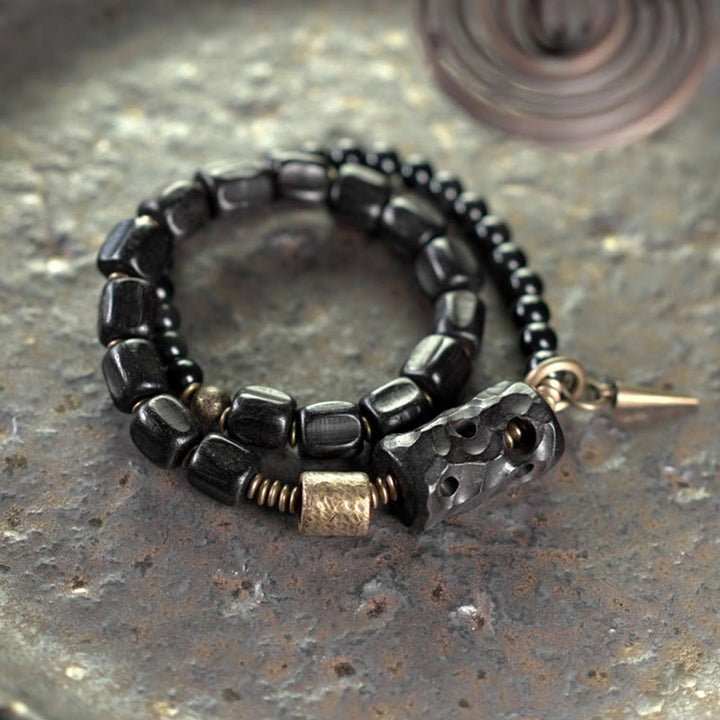 Bracelet double tour en cuivre et laiton avec Buddha Stones en bois d'ébène et obsidienne noire