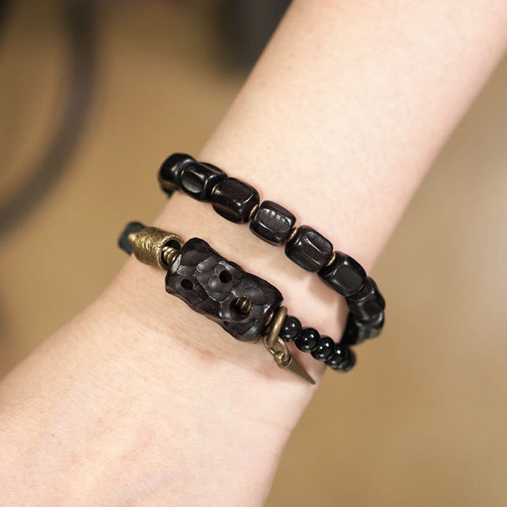 Bracelet double tour en cuivre et laiton avec Buddha Stones en bois d'ébène et obsidienne noire