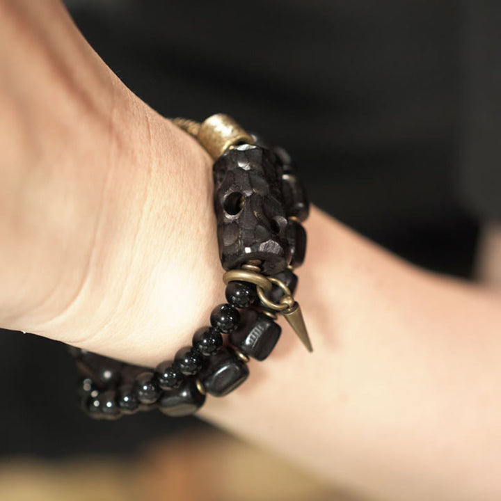 Bracelet double tour en cuivre et laiton avec Buddha Stones en bois d'ébène et obsidienne noire