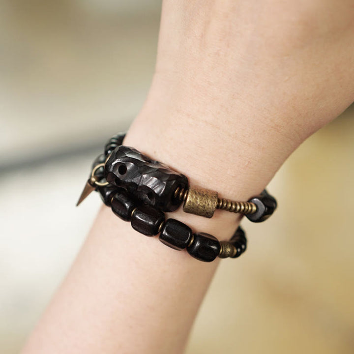 Bracelet double tour en cuivre et laiton avec Buddha Stones en bois d'ébène et obsidienne noire