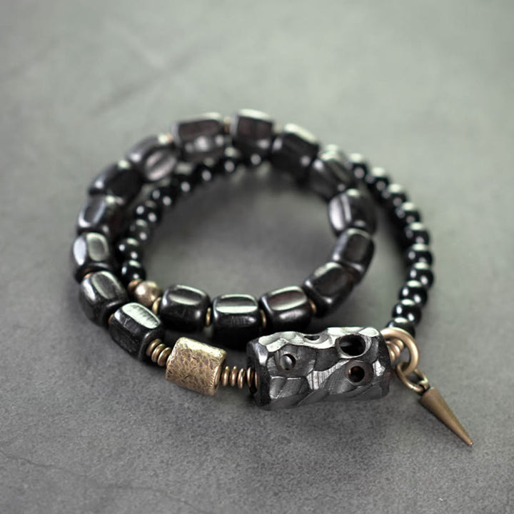 Bracelet double tour en cuivre et laiton avec Buddha Stones en bois d'ébène et obsidienne noire