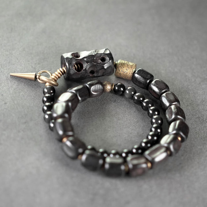 Bracelet double tour en cuivre et laiton avec Buddha Stones en bois d'ébène et obsidienne noire