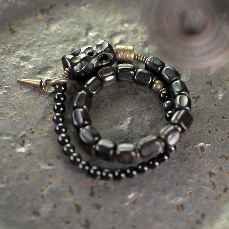 Bracelet double tour en cuivre et laiton avec Buddha Stones en bois d'ébène et obsidienne noire