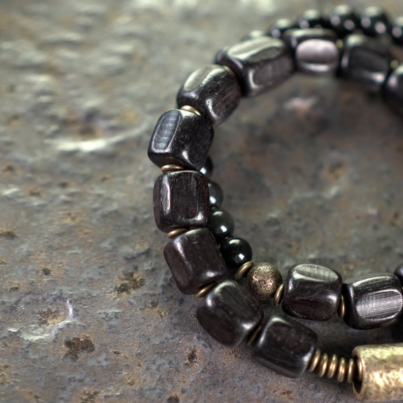 Bracelet double tour en cuivre et laiton avec Buddha Stones en bois d'ébène et obsidienne noire