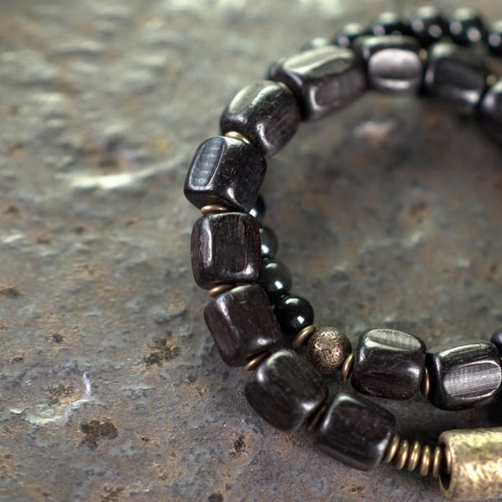 Bracelet double tour en cuivre et laiton avec Buddha Stones en bois d'ébène et obsidienne noire