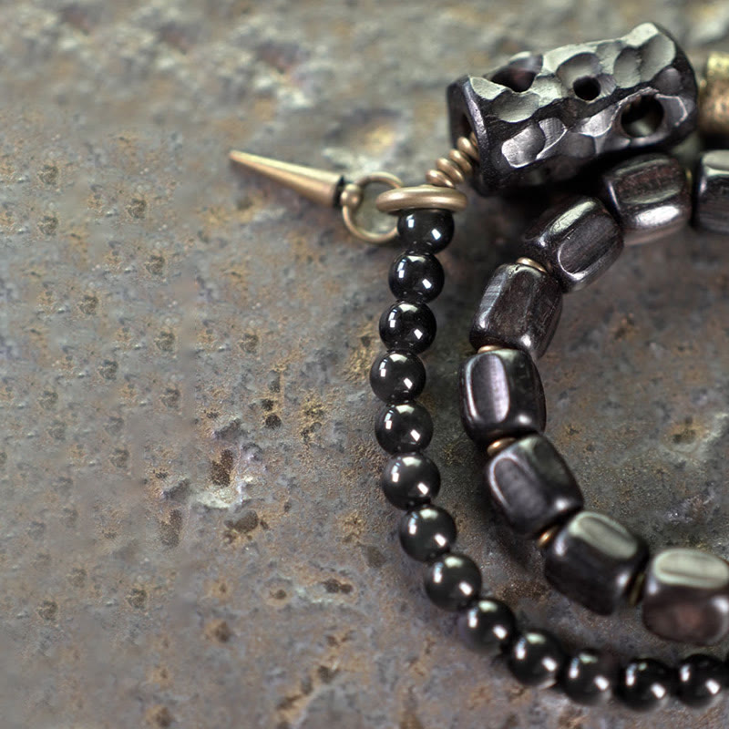 Bracelet double tour en cuivre et laiton avec Buddha Stones en bois d'ébène et obsidienne noire