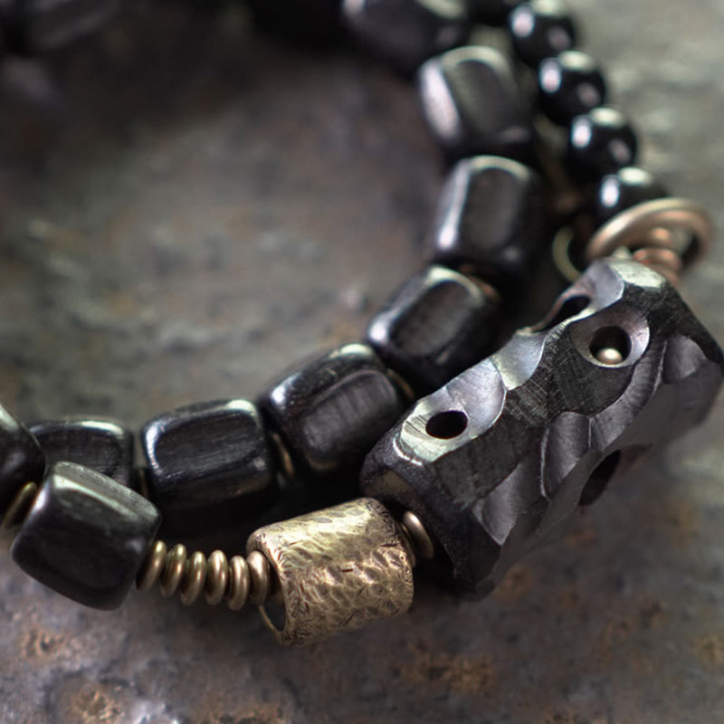 Bracelet double tour en cuivre et laiton avec Buddha Stones en bois d'ébène et obsidienne noire