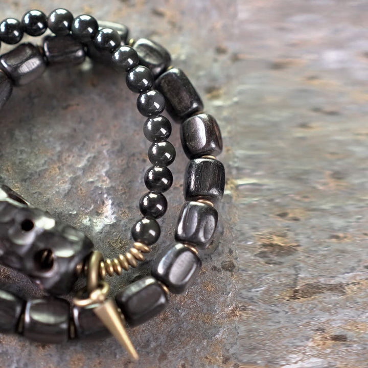 Bracelet double tour en cuivre et laiton avec Buddha Stones en bois d'ébène et obsidienne noire