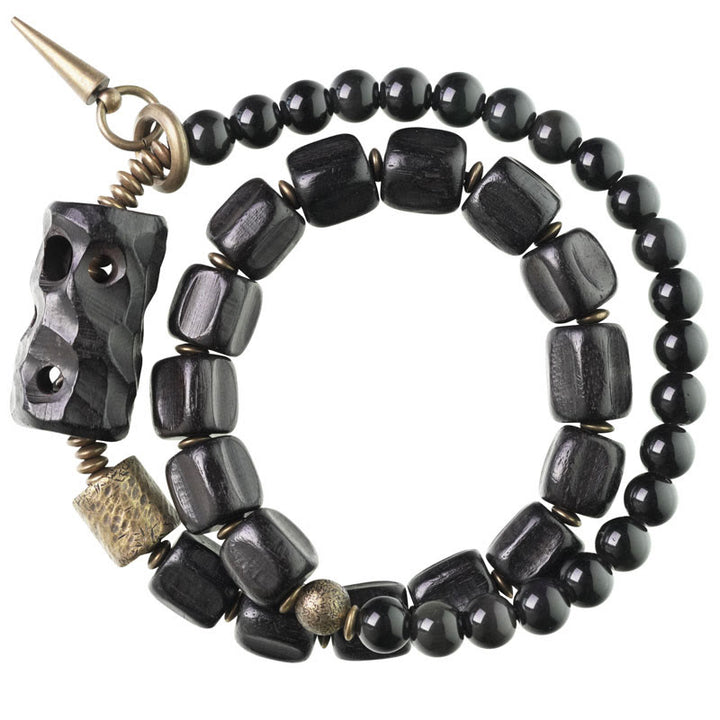 Bracelet double tour en cuivre et laiton avec Buddha Stones en bois d'ébène et obsidienne noire