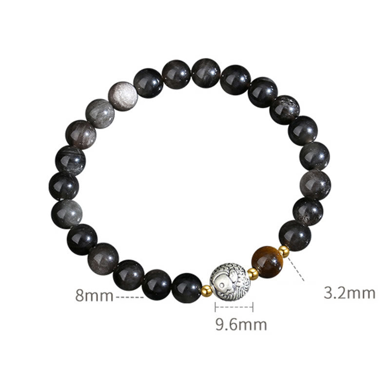 Bracelet de purification de poisson Koi en argent sterling 925 et en argent sterling 999 avec Buddha Stones noire et œil de tigre