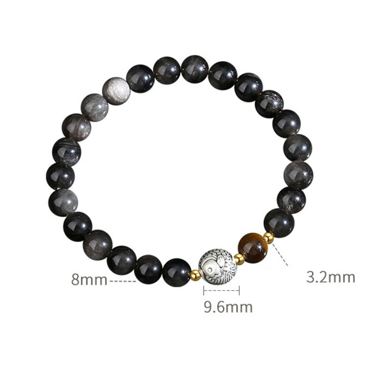Bracelet de purification de poisson Koi en argent sterling 925 et en argent sterling 999 avec Buddha Stones noire et œil de tigre