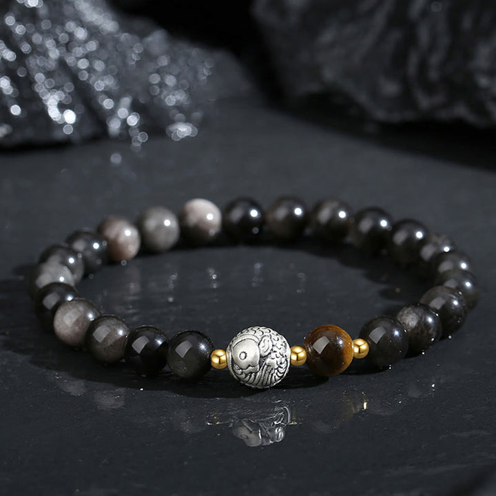 Bracelet de purification de poisson Koi en argent sterling 925 et en argent sterling 999 avec Buddha Stones noire et œil de tigre