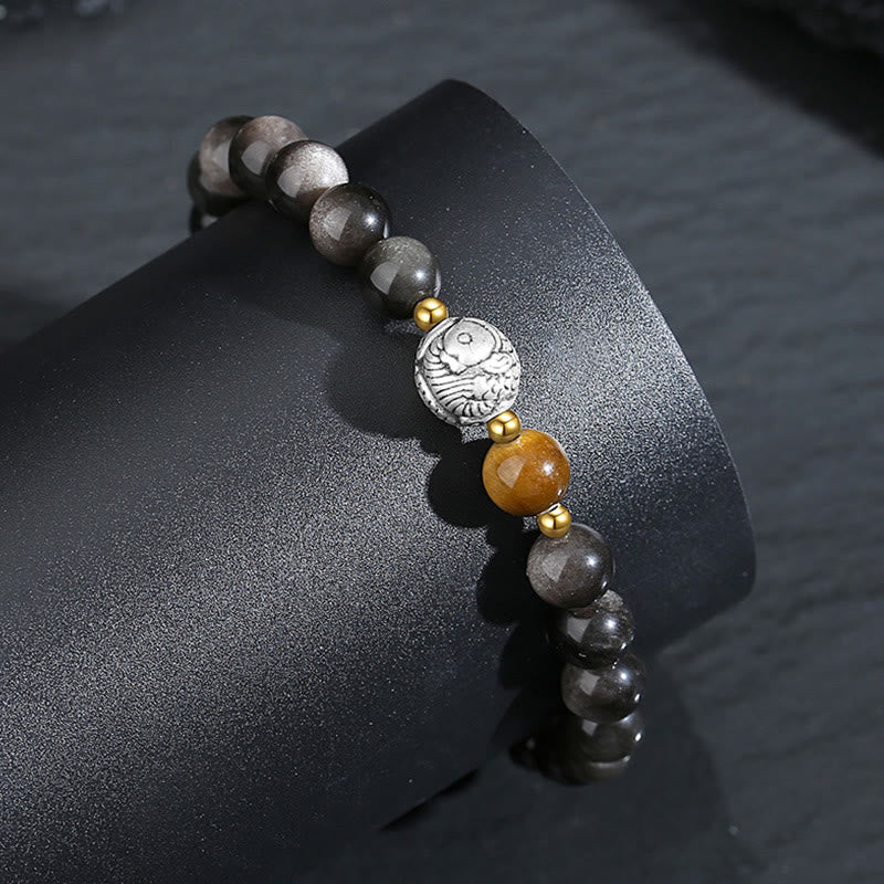 Bracelet de purification de poisson Koi en argent sterling 925 et en argent sterling 999 avec Buddha Stones noire et œil de tigre