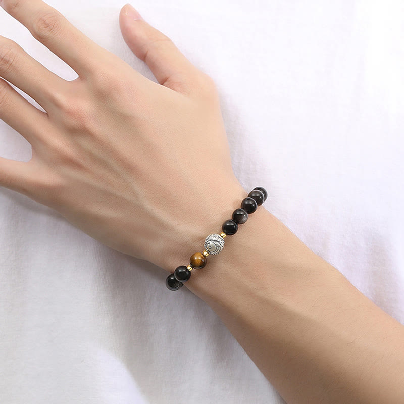 Bracelet de purification de poisson Koi en argent sterling 925 et en argent sterling 999 avec Buddha Stones noire et œil de tigre