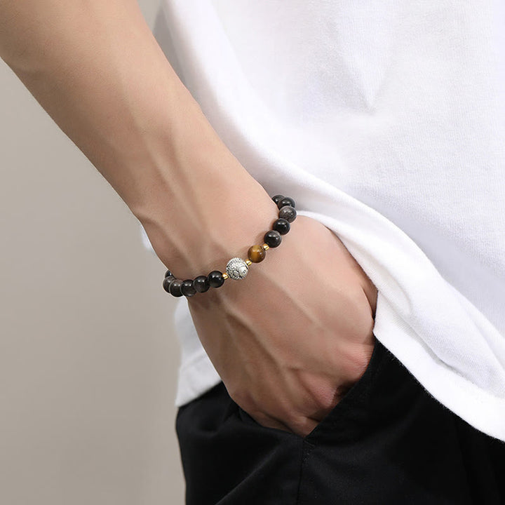 Bracelet de purification de poisson Koi en argent sterling 925 et en argent sterling 999 avec Buddha Stones noire et œil de tigre