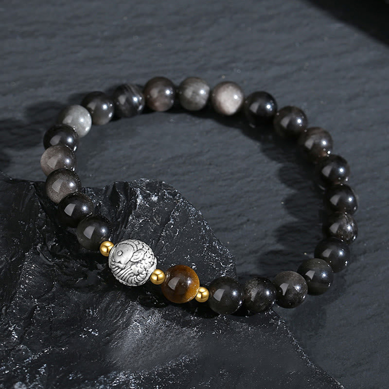 Bracelet de purification de poisson Koi en argent sterling 925 et en argent sterling 999 avec Buddha Stones noire et œil de tigre