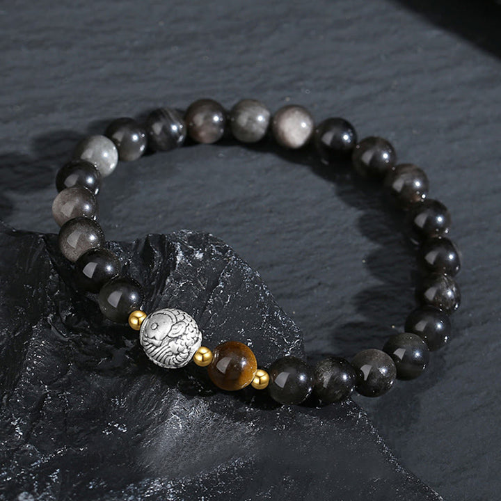 Bracelet de purification de poisson Koi en argent sterling 925 et en argent sterling 999 avec Buddha Stones noire et œil de tigre