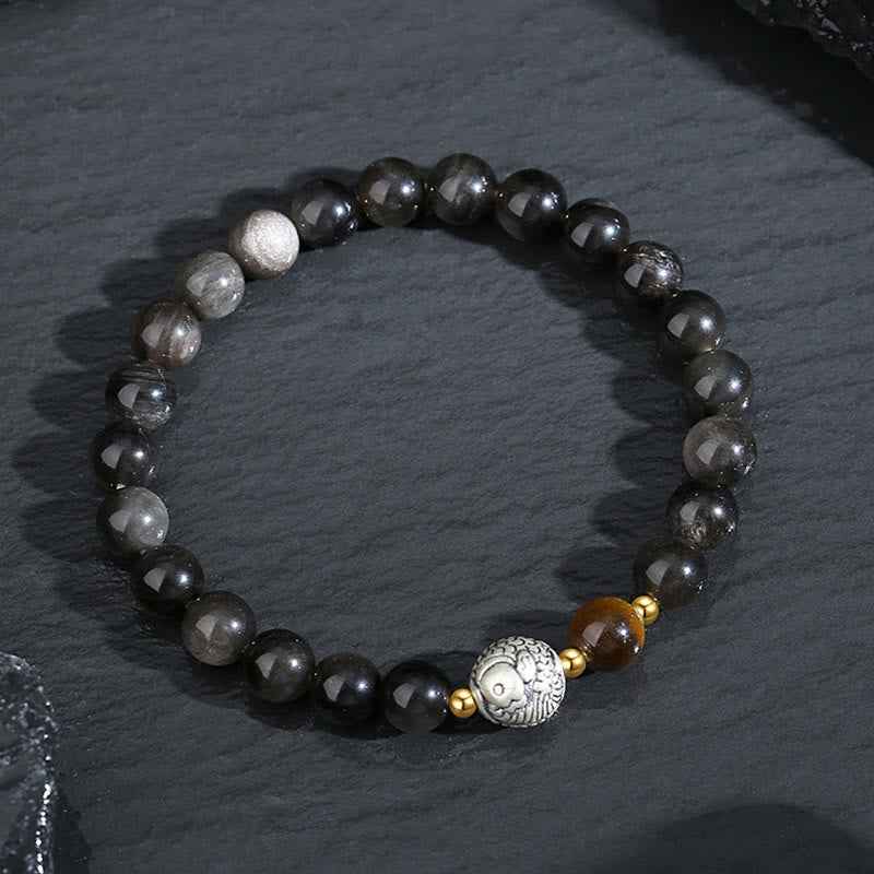 Bracelet de purification de poisson Koi en argent sterling 925 et en argent sterling 999 avec Buddha Stones noire et œil de tigre