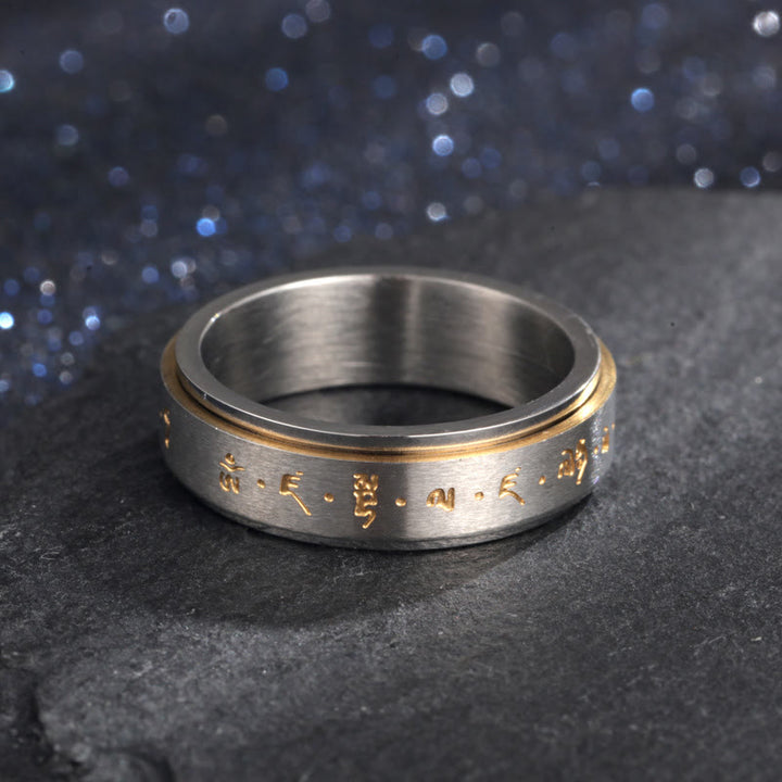 Bague rotative en acier titane avec mantra tibétain et Buddha Stones