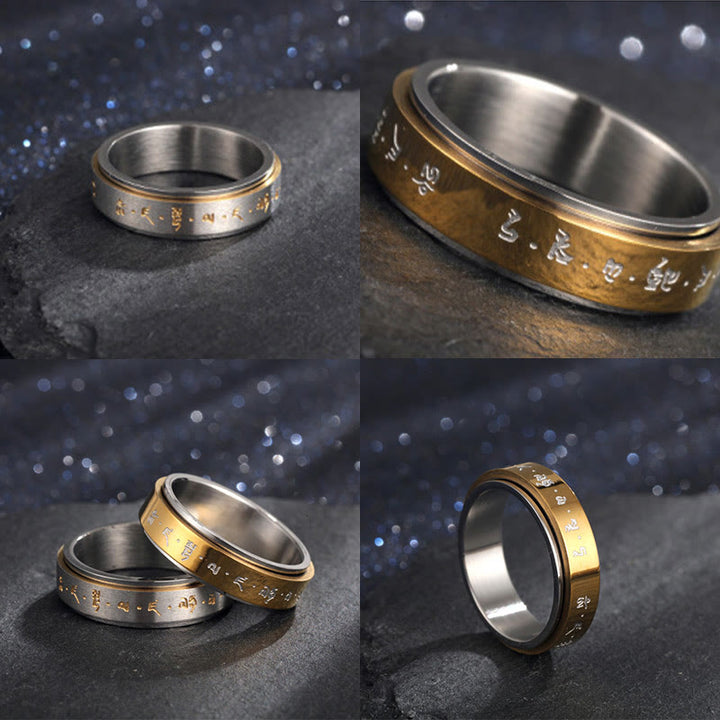 Bague rotative en acier titane avec mantra tibétain et Buddha Stones