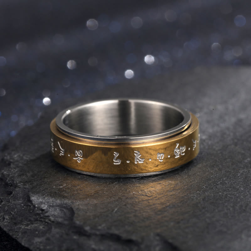 Bague rotative en acier titane avec mantra tibétain et Buddha Stones